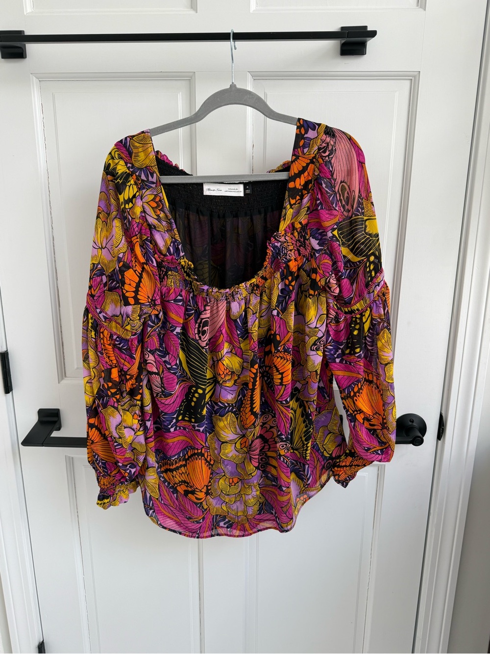 Anthropologie Vibrant Floral & Butterfly Blouse in Pink, Orange, Yellow